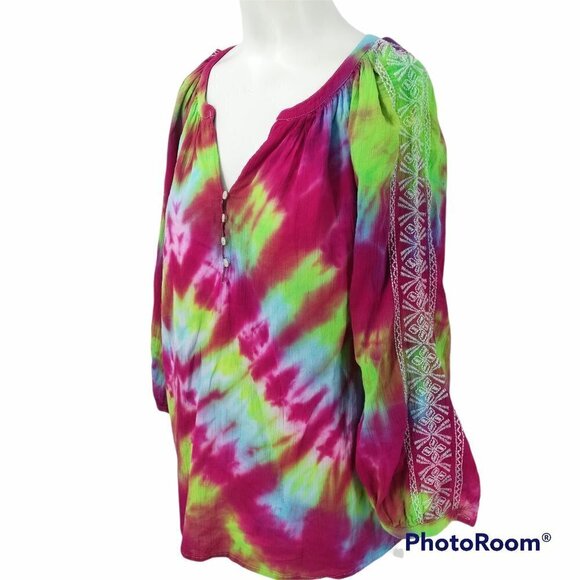 Tie-Dye Peasant Top Size M Embroidered Hippie Boho Shirt Merona OOAK - Picture 2 of 12